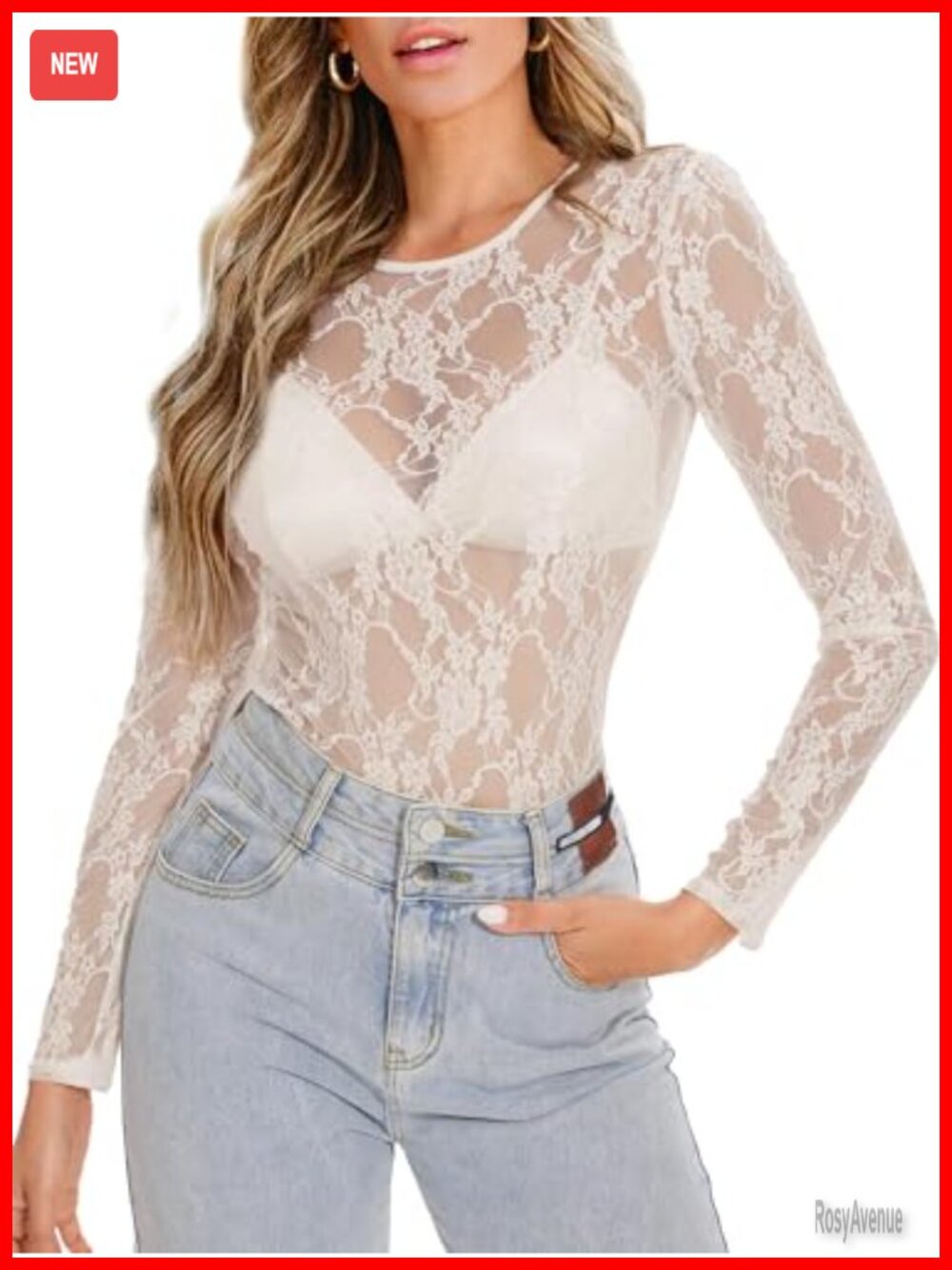 Women's Mesh Lace Long Sleeve Top Sheer Crewneck Slim Fitted Blouse